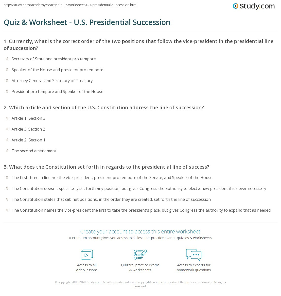 Quiz &amp;amp; Worksheet - U.s. Presidential Succession | Study intended for Presidential Succession And the Vice Presidency Worksheet