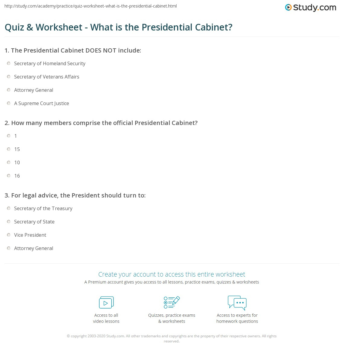 Quiz &amp;amp; Worksheet - What Is The Presidential Cabinet? | Study inside The President&amp;amp;#039;s Cabinet Worksheet