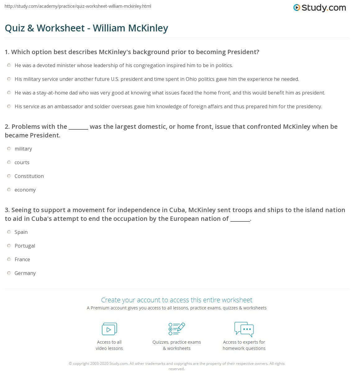 Quiz &amp;amp; Worksheet - William Mckinley | Study within The Island President Worksheet Answers