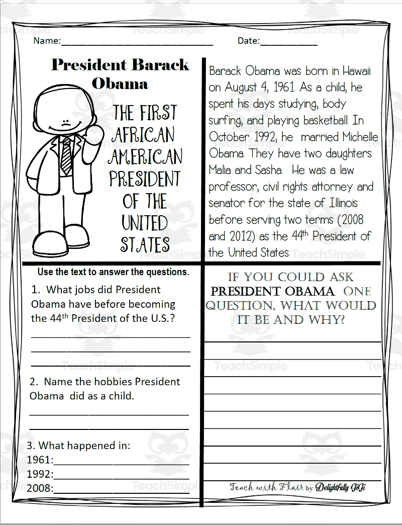 Reading Comprehension For Black History Month: President Barack within President Biography Worksheet