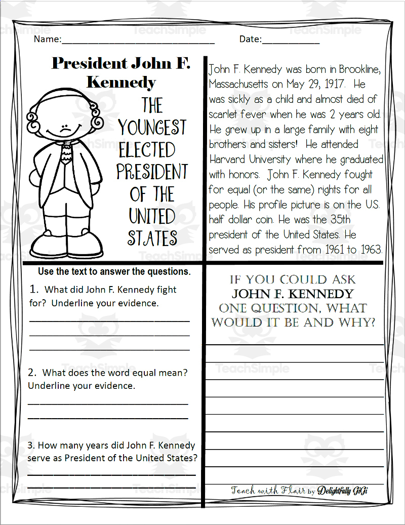 Reading Comprehension For Presidents&amp;#039; Day: President John F. Kennedy in Presidents Day Reading Comprehension Worksheets