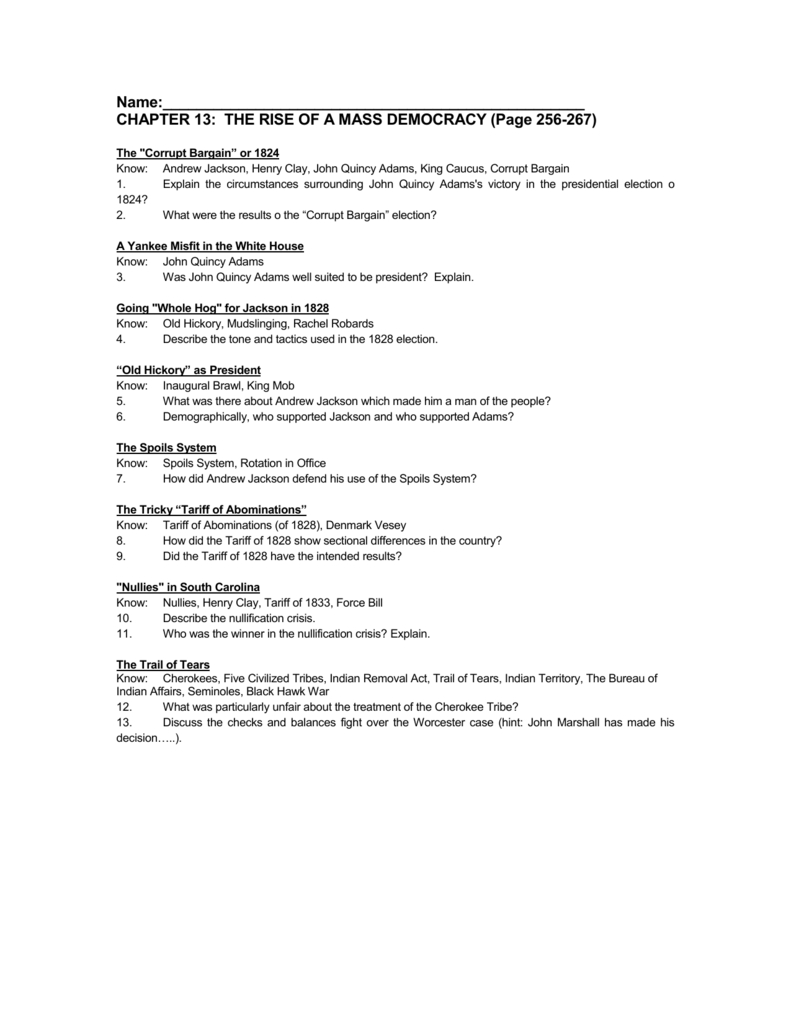Rise Of Mass Democracy: Jackson Era Study Guide inside Chapter 13 the Presidency Worksheet Answers