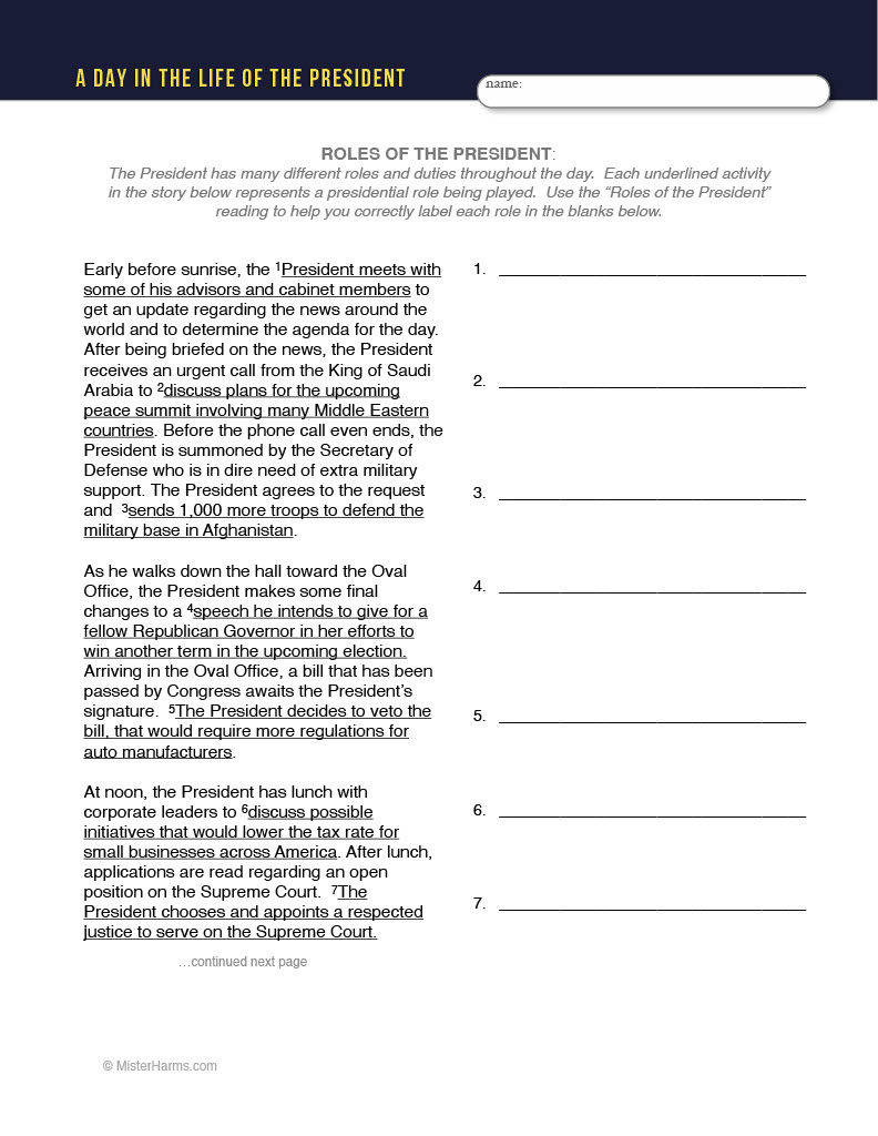 Roles Of The President | A Day In The Life Of The President Of The United  States with A Day In the Life of the President Worksheet Answers