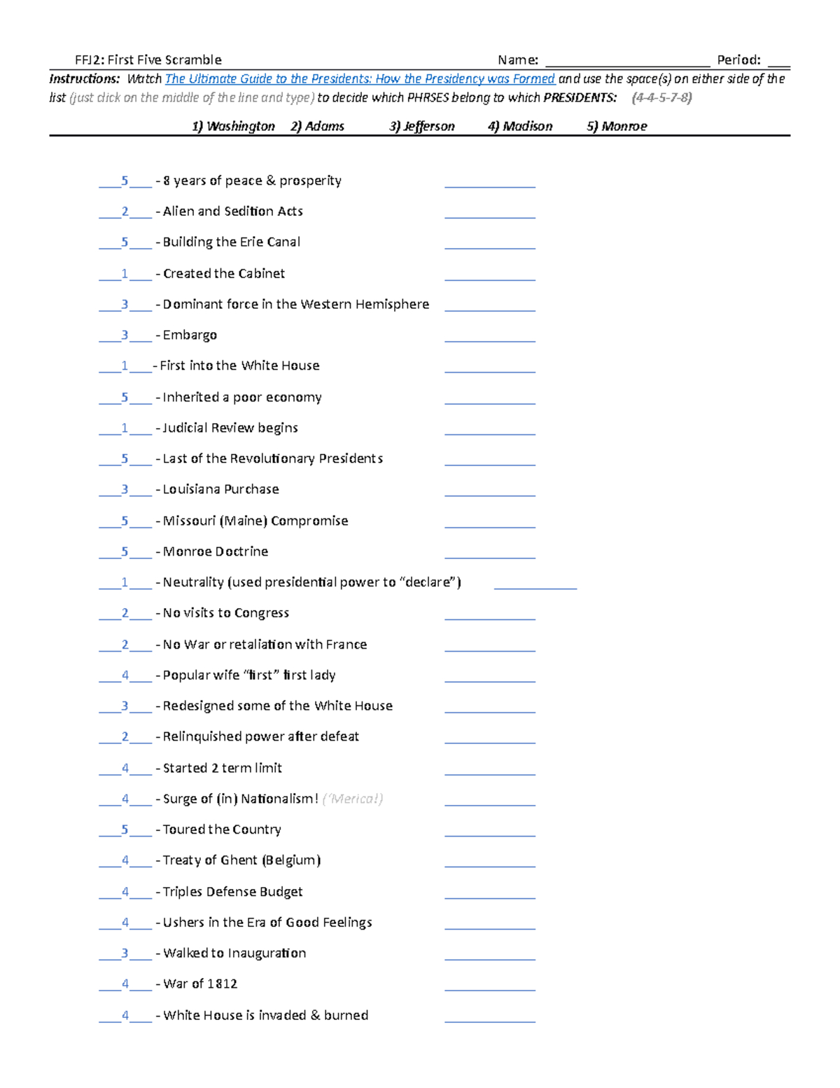 Ssush 6 Territorial Expansion: Guided Questions &amp;amp; Key Concepts pertaining to First Five Presidents Worksheet