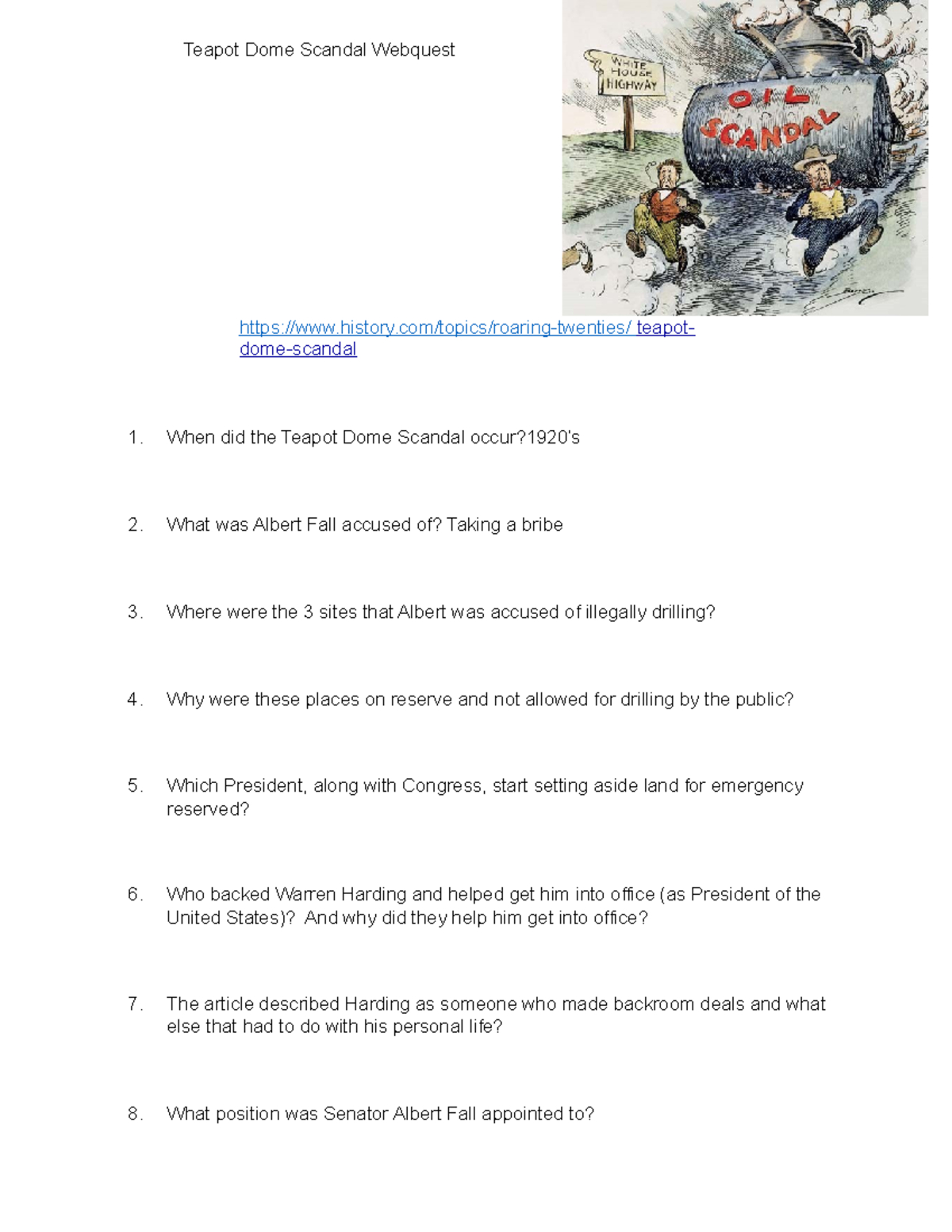 Teapot Dome Scandal Worksheet - History Study Guide - Studocu for The Harding Presidency Worksheet Answers