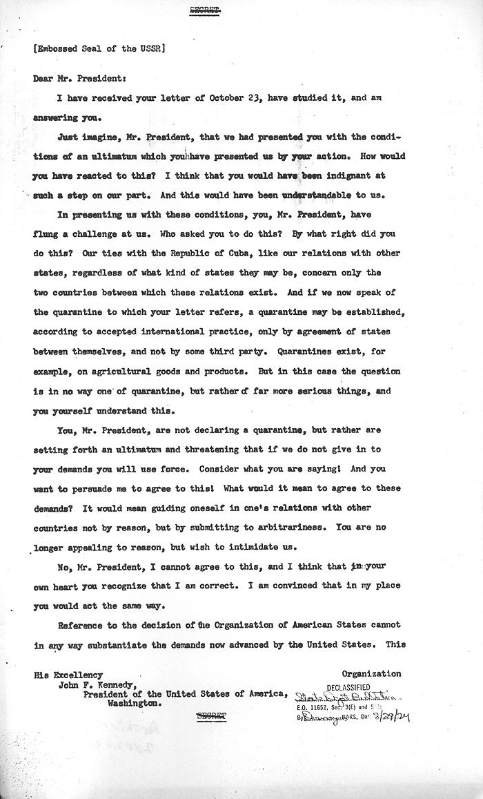 The Cuban Missile Crisis with regard to Letter From Chairman Khrushchev To President Kennedy Worksheet Answers