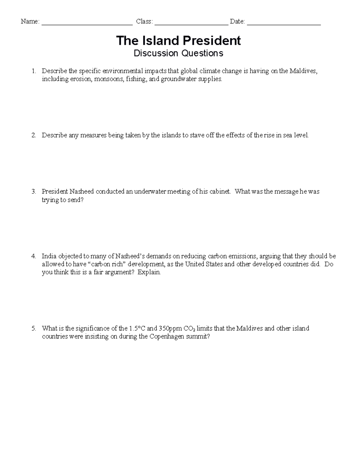 The Island President - Climate Change Discussion Worksheet - Studocu in The Island President Worksheet Answers