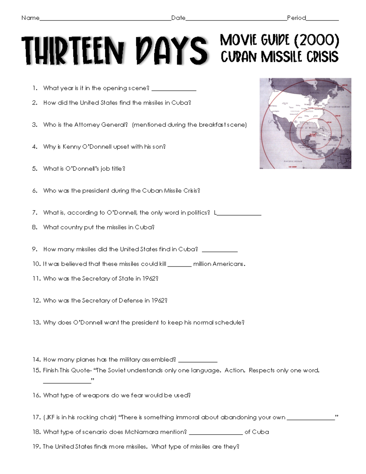 Thirteen Days Movie Guide: Cuban Missile Crisis Study (2000-1 intended for The American President Movie Guide Worksheet Answers