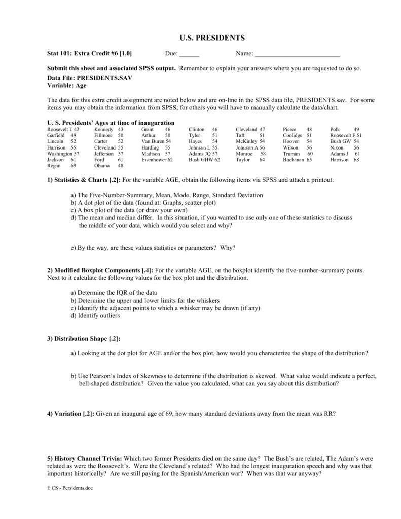 U.s. Presidents&amp;#039; Ages: Stats Extra Credit Assignment regarding Presidents Ages At the Time of Inauguration Worksheet Answers