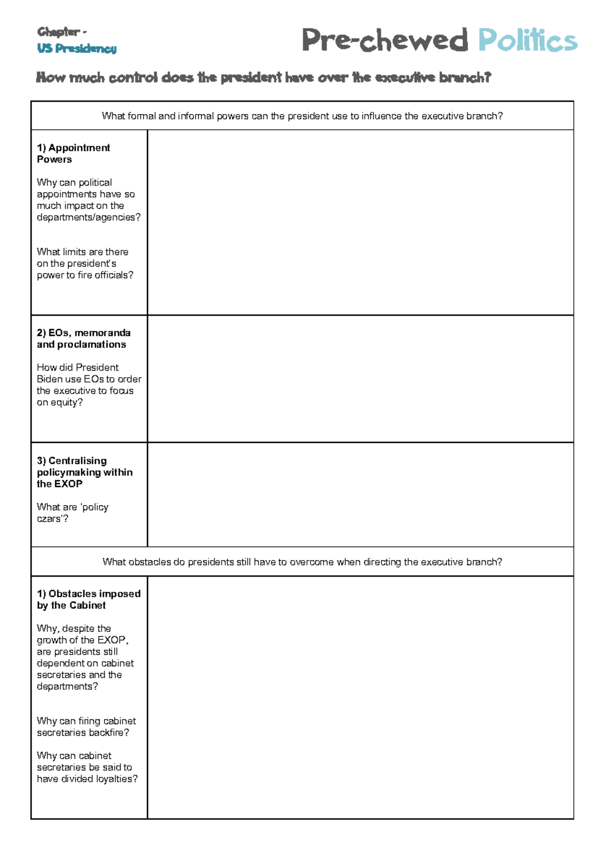 Us Presidency: Executive Control &amp;amp; Influences - Chapter 8 Notes within Chapter 8 The Presidency Worksheet Answers