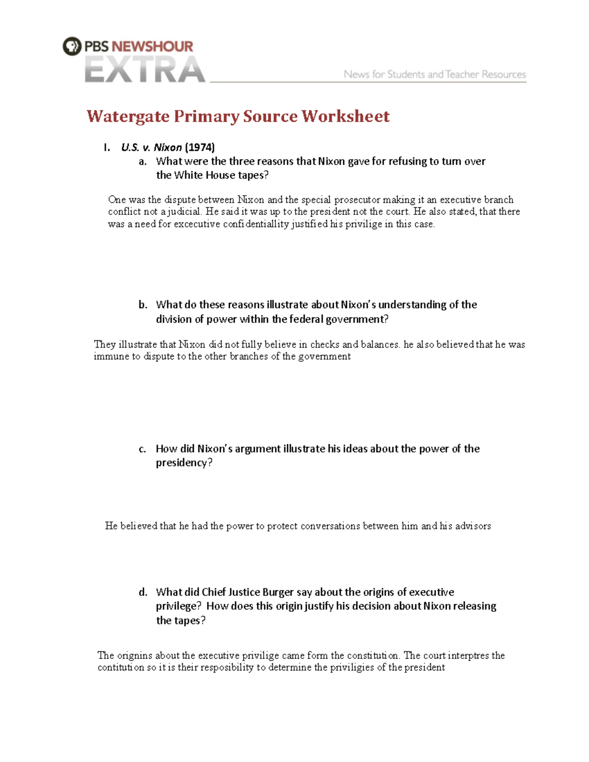 Watergate Primary Source Worksheet: Analyzing U.s. V. Nixon (1974 with The Nixon Presidency Worksheet