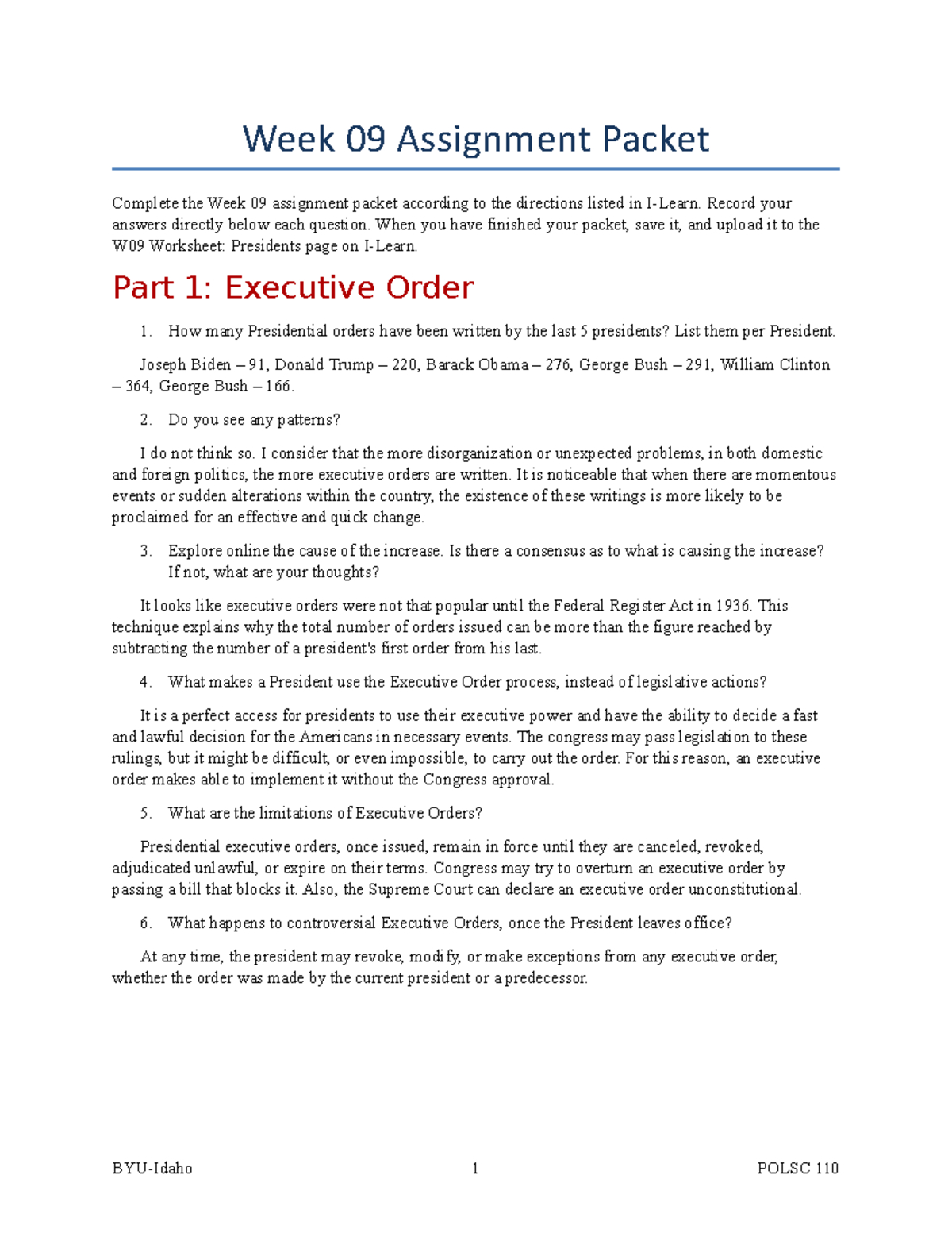 Week 09 Assignment Worksheet - Polsc 110: Executive Orders intended for Executive Orders And The Power Of The President Worksheet Answers
